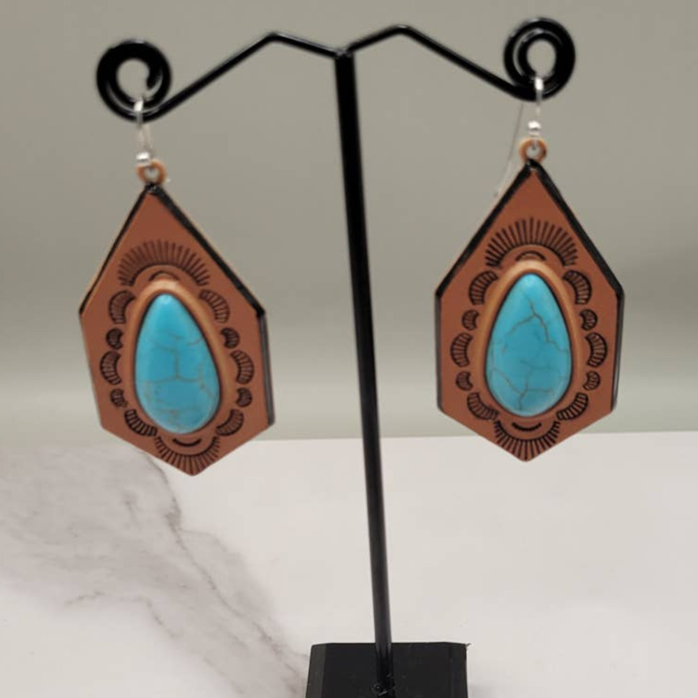 Stamped Leather Turquoise Stone Dangle Western Southwestern Earrings